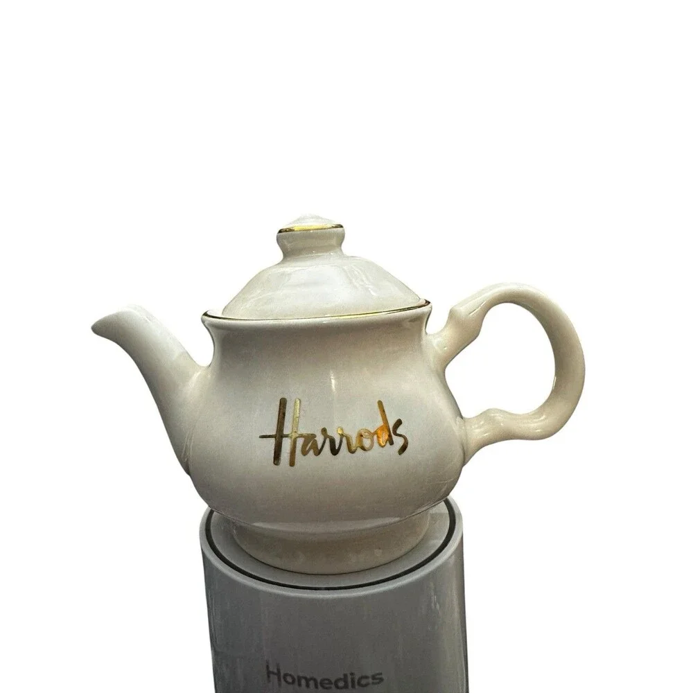 Vintage Harrods Knightsbridge White Ceramic Gold Trim Teapot James Sadler 3”